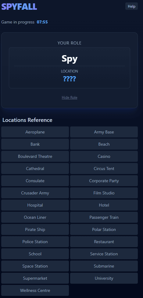 Spyfall role and location screen