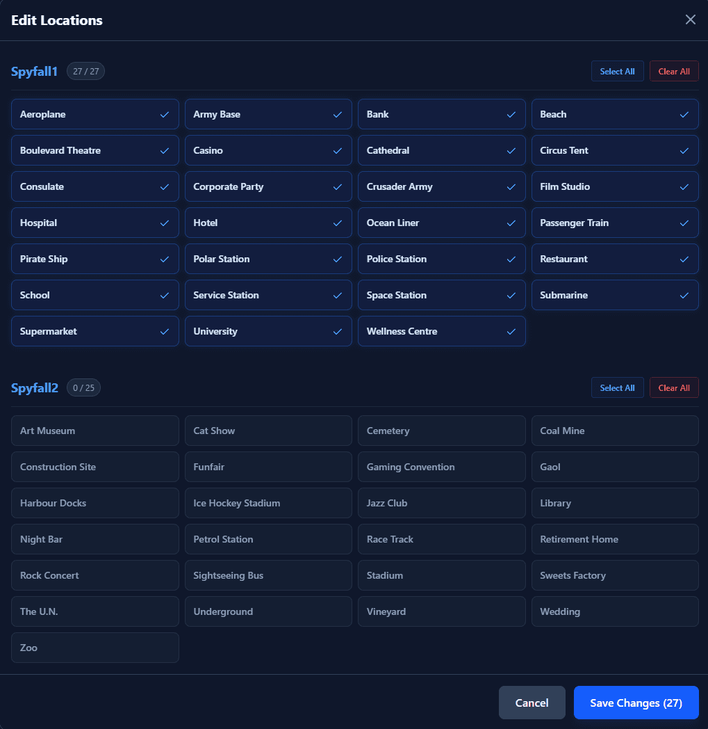 Spyfall location screen