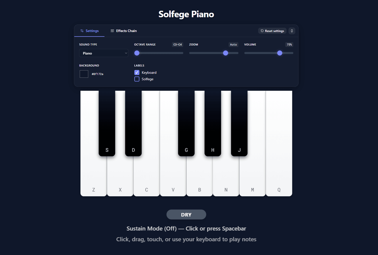 Solfege Piano showing a virtual piano keyboard and playback controls.